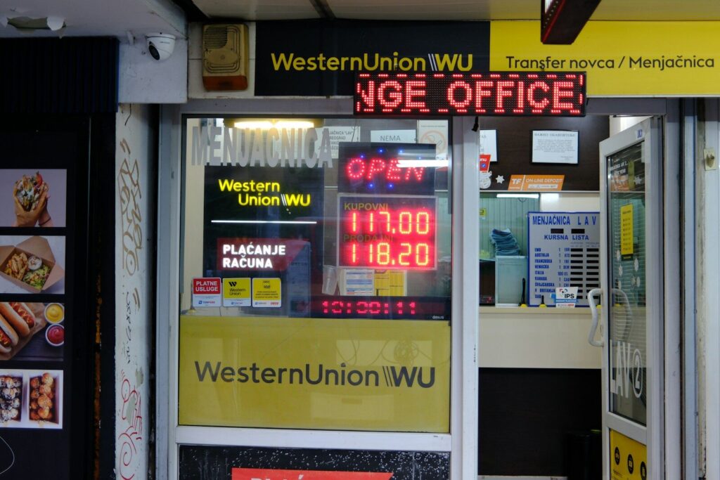 Western union exchange office with open sign