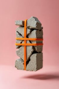 Broken stones held together by orange bands.