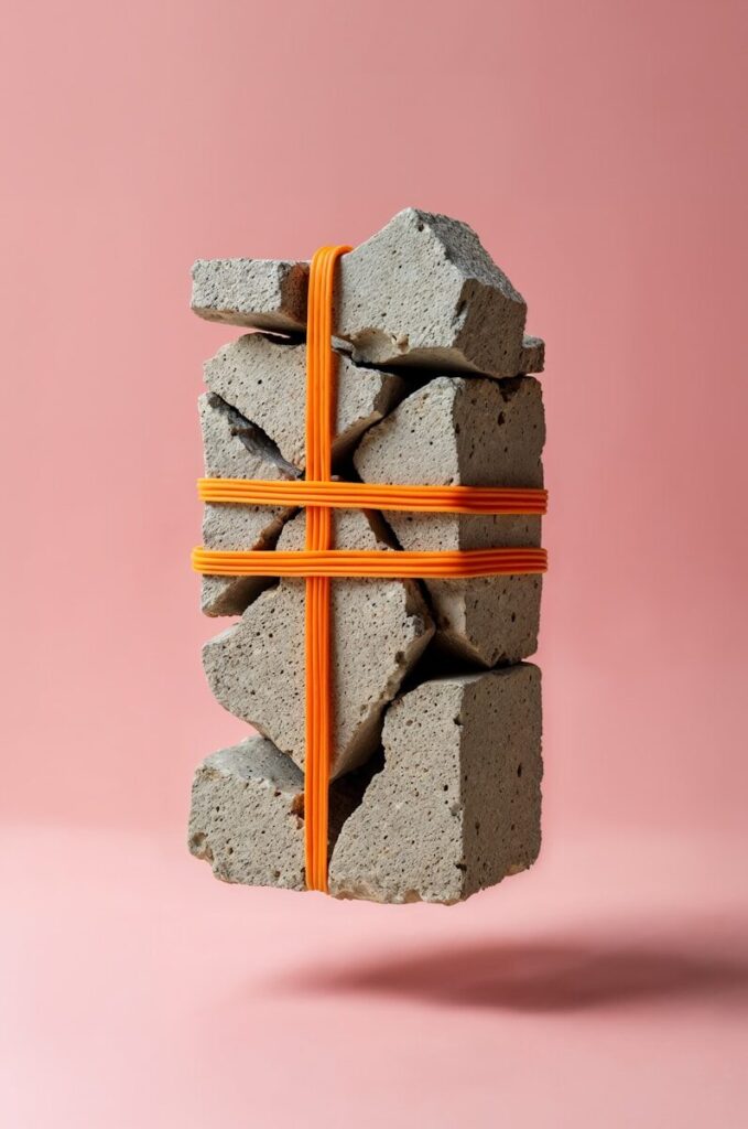 Broken stones held together by orange bands.
