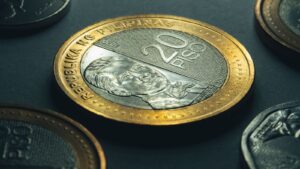 Detailed shot of a 20 peso coin from the Philippines highlighting its design.