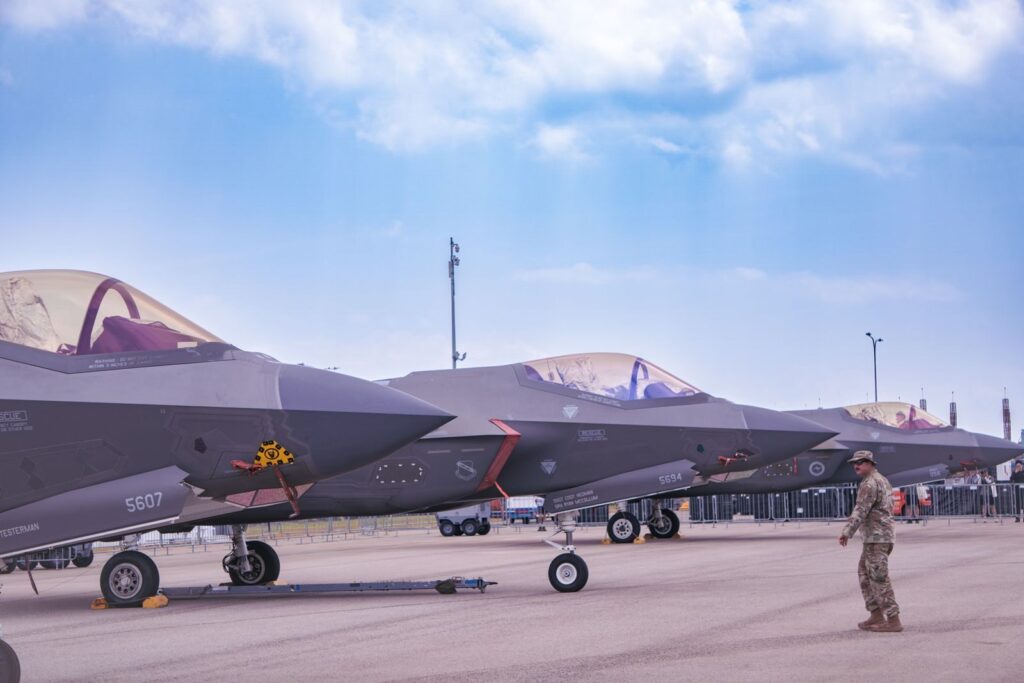 United States F-35 fighter jets showcased at an air show in Singapore.