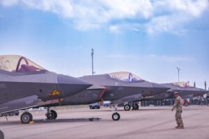 United States F-35 fighter jets showcased at an air show in Singapore.